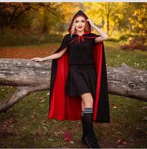 Detailed view of the red and black hooded reversible cape for Halloween costumes