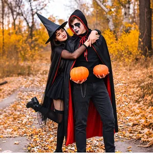 Adult Halloween costumes featuring black witch dress and red-black reversible hooded cape