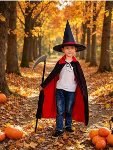 Detailed view of child Halloween costume with wizard hat and red-lined death reaper cape