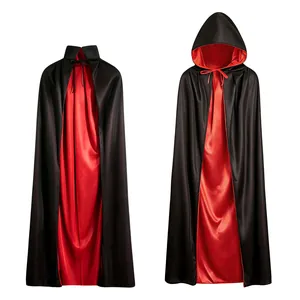 Reversible red and black Halloween cape with stand-up collar and hood for cosplay