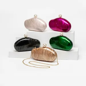 Acrylic Marble Evening Clutch Bag With Large Artificial Pearl Clasp Elegant Shoulder Handbag For Wedding Party Women Vintage