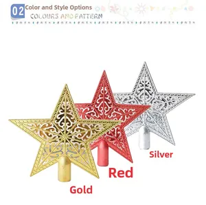 Detailed view of hollow star tree toppers in gold, red, and silver glitter finishes