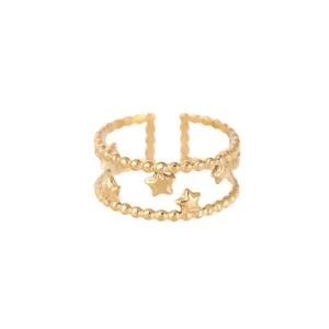 Minimalist gold plated stainless steel open ring featuring hollow star charms design