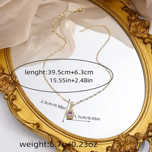 Detailed view of gold chain necklace with purple gemstone pendant and dimensions