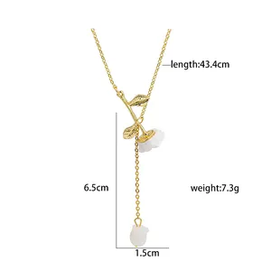Detailed size specifications for gold Y-necklace with white rose pendant and leaf accent