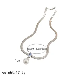 Silver snake chain necklace with pearl and zircon pendant showing 39cm plus 5cm length