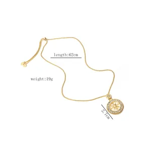 Detailed view of golden octagonal star pendant with stones and adjustable chain dimensions