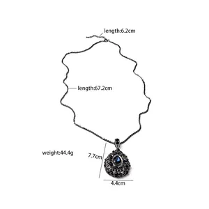 Detail showing dimensions of vintage blue crystal teardrop pendant and long black chain