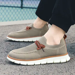 Lightweight khaki mesh loafers for men featuring thick cushioning and leather trim details