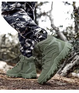 Detail of military green tactical boots with side zipper and rugged anti-slip rubber sole