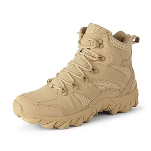 Breathable high-top tan tactical boots with anti-slip rubber soles and suede mesh upper