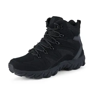 Durable black outdoor tactical hiking boots with breathable mesh and anti-slip rubber sole