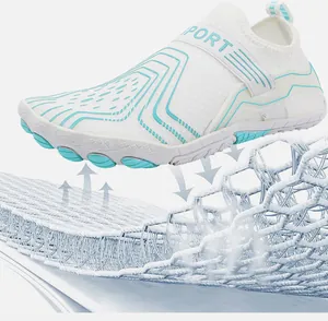 Macro detail of honeycomb mesh fabric on white water shoes for breathability