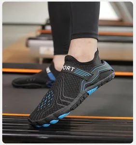 Macro detail of breathable water shoes with anti-slip blue sole on treadmill