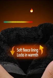 Detail of warm black faux fur lining and side zipper of waterproof winter boots