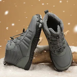Close-up of waterproof winter boots with thick faux fur lining and non-slip rubber soles
