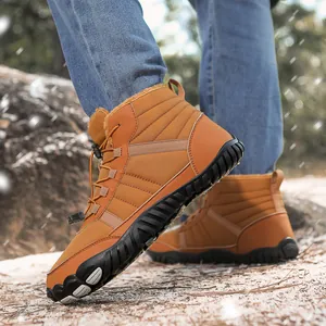 Detail of waterproof snow boots featuring thick faux fur lining and quick-lace system