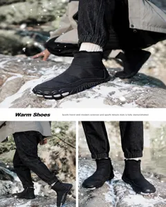 Close-up of waterproof winter boots with warm plush lining and anti-slip rubber sole