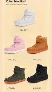 Detailed view of children's warm winter boots in five colors with soft plush lining