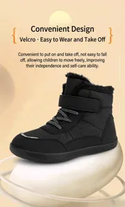 Detail of winter kids snow boots with warm faux fur lining and velcro strap closure