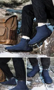 Detail view of winter boots with thermal fur lining and side zipper in blue