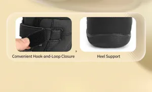 Detail of convenient Velcro strap and reinforced heel support on black winter snow boots