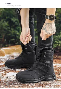 Detail shot of men's winter snow boots showing thick warm fur lining and rugged rubber sole