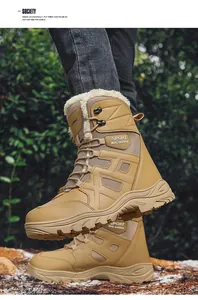 Detail of high-top winter boots with warm faux fur lining and sturdy hiking lace hooks