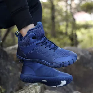 Winter outdoor high-top barefoot snow boots in navy blue with warm faux fur lining
