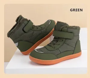 Close-up of military green winter kids boots with thick plush lining and velcro strap