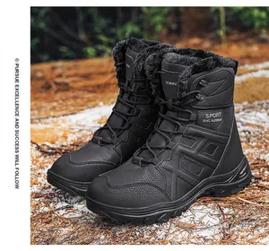 Detail of waterproof black winter snow boot with warm plush lining and non-slip sole