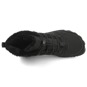 Detail view of winter snow boots with thick faux fur lining and bungee drawstring closure
