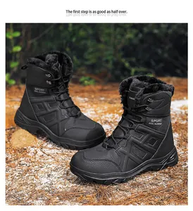 Detail view of black high-top snow boots with thick faux fur lining and non-slip rubber sole