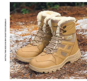 Close-up of men's winter snow boots featuring thick thermal lining and rugged rubber soles