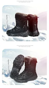 Detail of waterproof black men's snow boots with warm fur lining and non-slip rubber sole