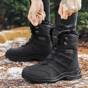 Men's high-top black winter snow boots with warm fur lining and non-slip rubber soles