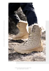 Outdoor macro view of high-top winter boots with thick gray plush lining and rubber soles