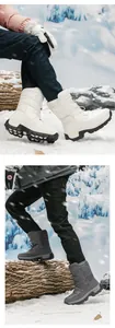 Detail of waterproof quilted snow boots with thick anti-slip soles for winter outdoors