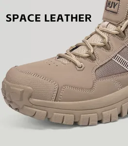 Detailansicht taktischer Wanderstiefel in Khaki mit Space-Leder und Netzgewebe