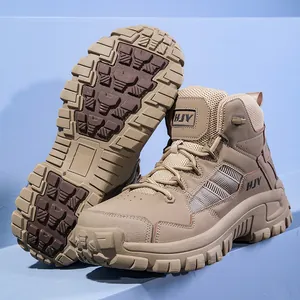 Hoge tactische wandelschoenen voor heren met antislip rubberen zolen in kaki zandkleur
