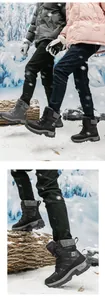 Detailed view of winter snow boots featuring quilted texture and thick anti-slip rubber soles