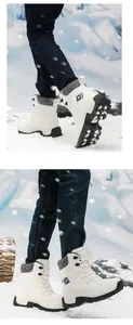 Close-up of winter snow boots with thick thermal lining and anti-slip rubber outsole