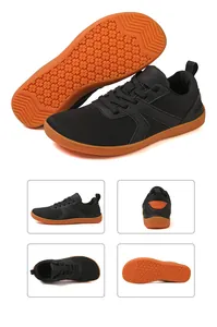 Detailed views of wide toe barefoot shoes featuring breathable mesh and orange rubber sole