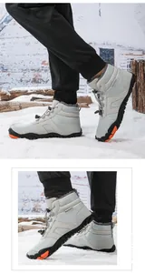 Close-up of waterproof winter snow boots with warm fur lining and non-slip rubber sole