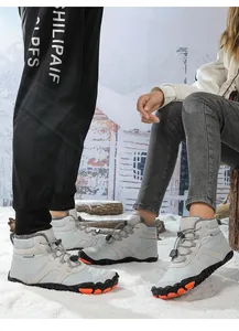 Detail of warm winter snow boots featuring waterproof fabric and non-slip rubber soles