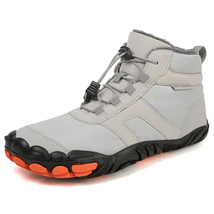 Waterproof grey winter snow boots with fleece lining and anti-slip rubber soles for outdoor