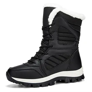 Women's black high-top snow boots with thick faux fur lining and waterproof nylon upper