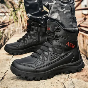 Rugged black high-top tactical combat boots for men with durable rubber soles
