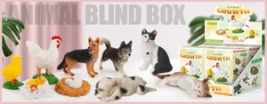 Realistic animal growth cycle blind box featuring toy chicks, roosters, dogs, and cats