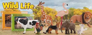 Wild animal toy set featuring realistic giraffe, lion and flamingo models in nature scenery